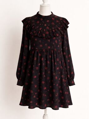 Zara Original Baby Doll Dress Size L Black with Red Flowers